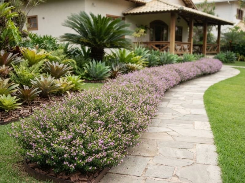 Falsa érica formando longa bordadura florida ao longo de caminho curvo no jardim.