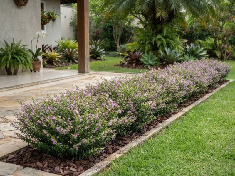 Bordadura de falsa érica cultivada em área clara próxima a uma varanda residencial.