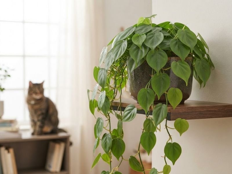 Filodendro coração em prateleira alta fora do alcance de um gato