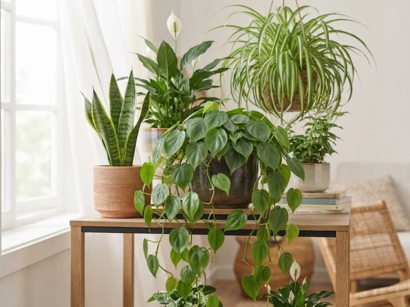 Filodendro coração em destaque entre outras plantas de interior em sala iluminada