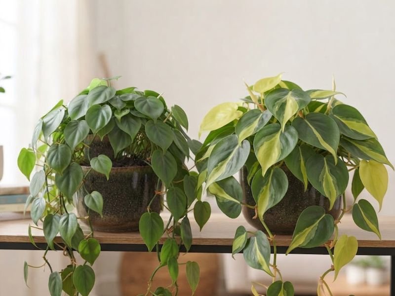 Filodendro coração verde ao lado de filodendro Brasil variegado