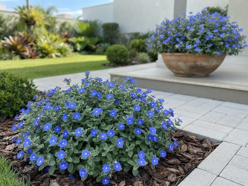 Detalhe de moita saudável de flor azulzinha com flores abertas e novos botões