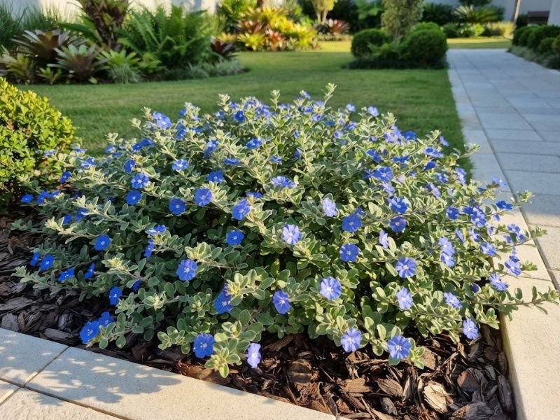 Flor azulzinha cultivada em canteiro ensolarado com floração abundante