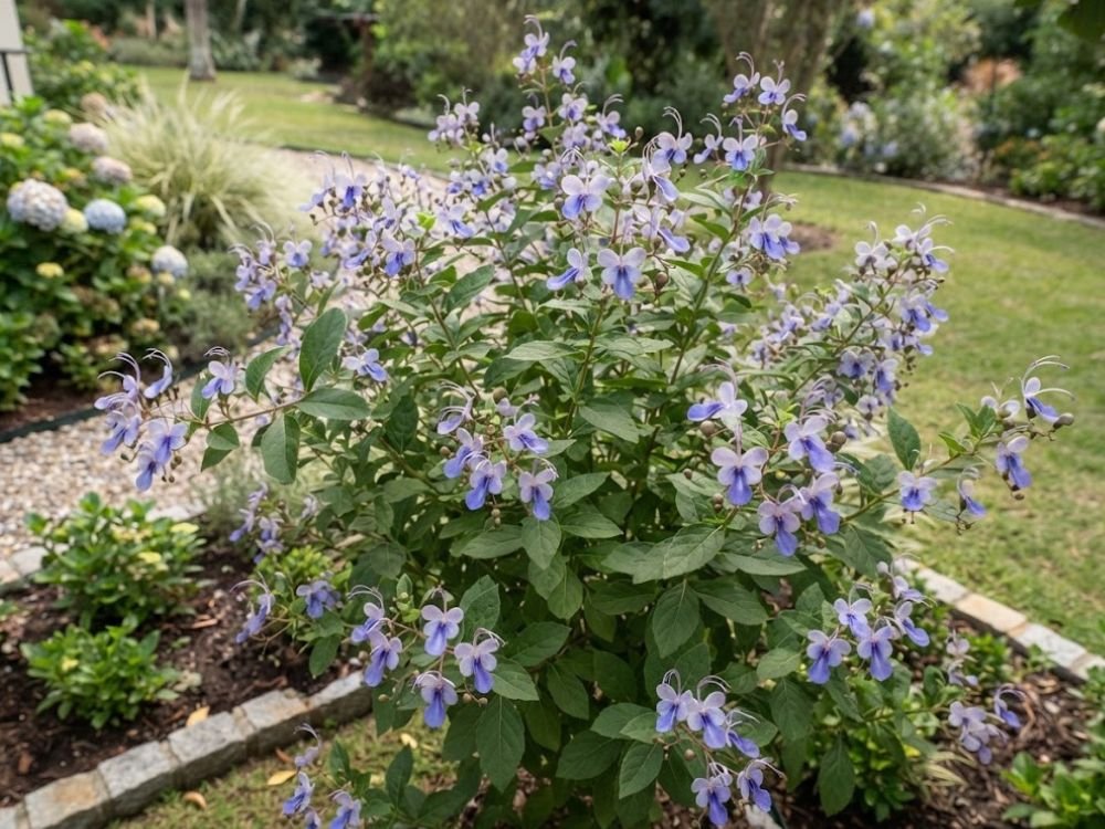 Arbusto florido de Rotheca myricoides conhecida como clerodendro-borboleta