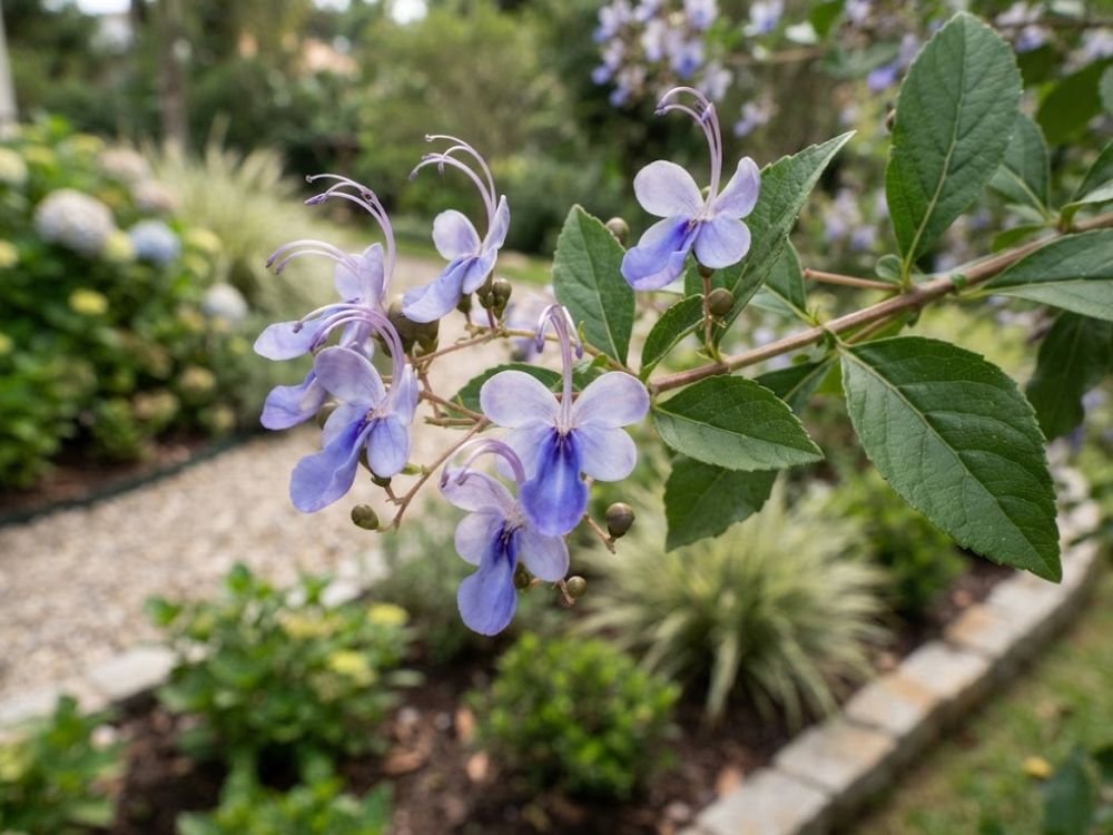 Flores da Rotheca myricoides mostrando pétalas azul-lavanda e estames longos