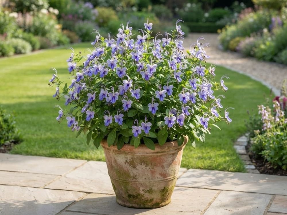 Flor borboleta azul cultivada em vaso grande de cerâmica