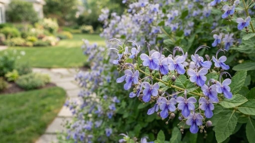 Flor borboleta azul em ramo florido de Rotheca myricoides no jardim