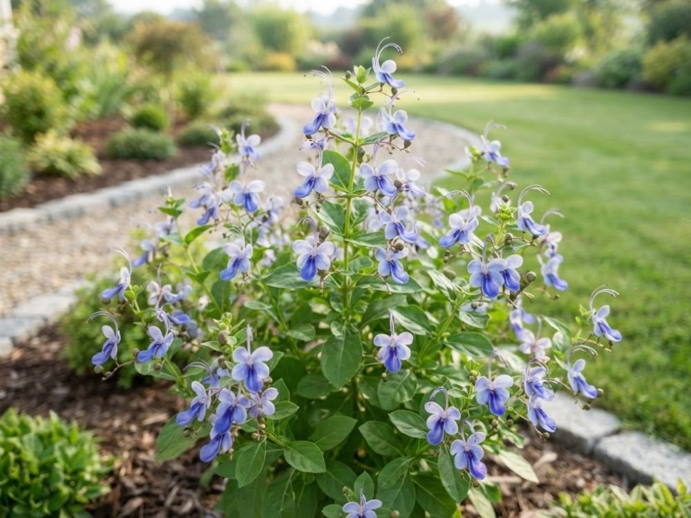 Flor borboleta azul cultivada em local claro de jardim bem cuidado