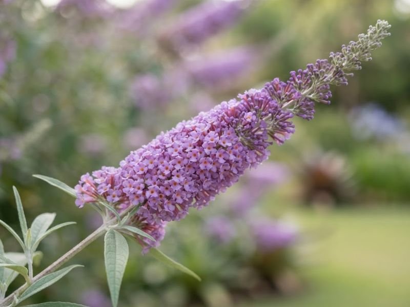 Close de inflorescência lilás de Buddleja davidii formada por pequenas flores