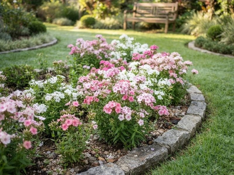Flor chitinha com flores rosas e brancas reunidas em pequenos grupos no canteiro.