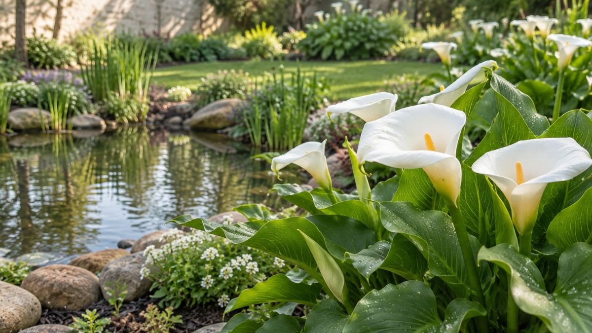 Flor copo de leite branco em primeiro plano, com várias flores e folhas verdes, cultivada na margem de um lago ornamental.