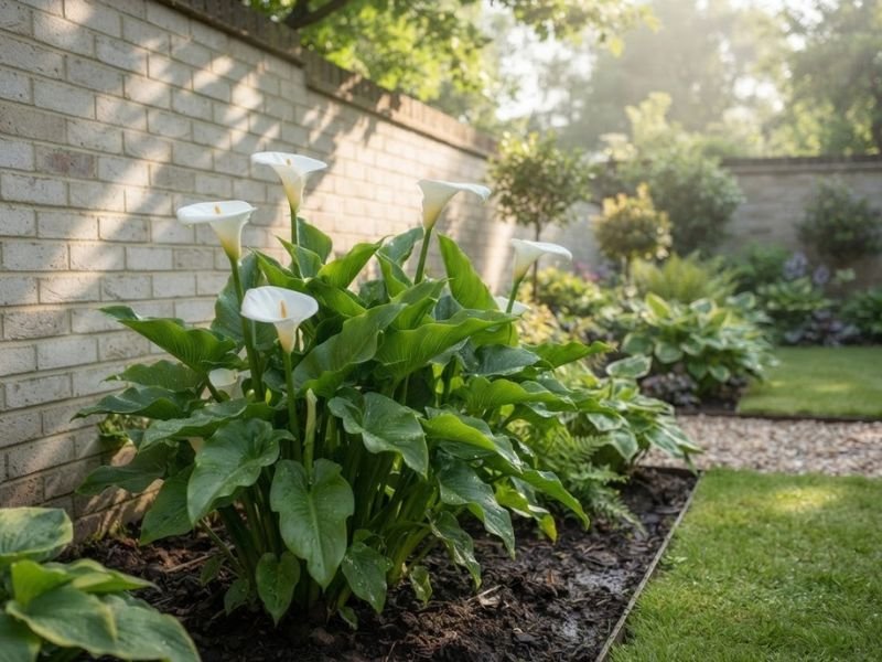 Copo de leite branco cultivado em canteiro próximo a um muro, recebendo luz natural parcialmente filtrada.