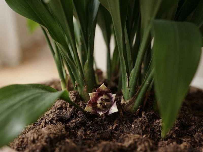 Pequena flor de aspidistra surgindo rente ao substrato entre os pecíolos