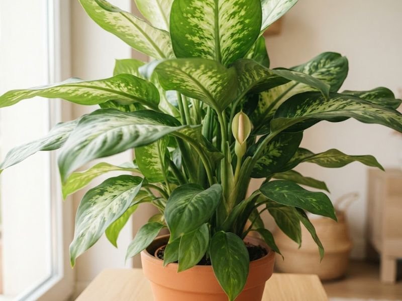 Pequena inflorescência de Dieffenbachia surgindo entre as folhas