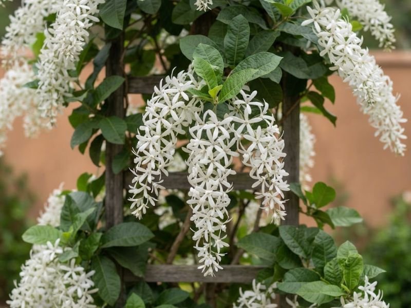 Flor-de-São-Miguel branca com cachos estrelados sobre treliça de madeira