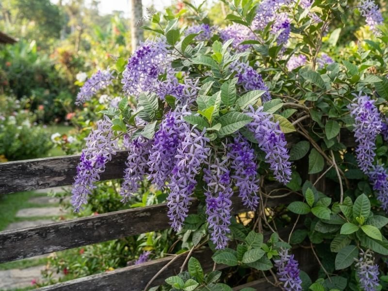 Flor-de-São-Miguel com cachos violetas e folhas verdes crescendo sobre cerca de madeira