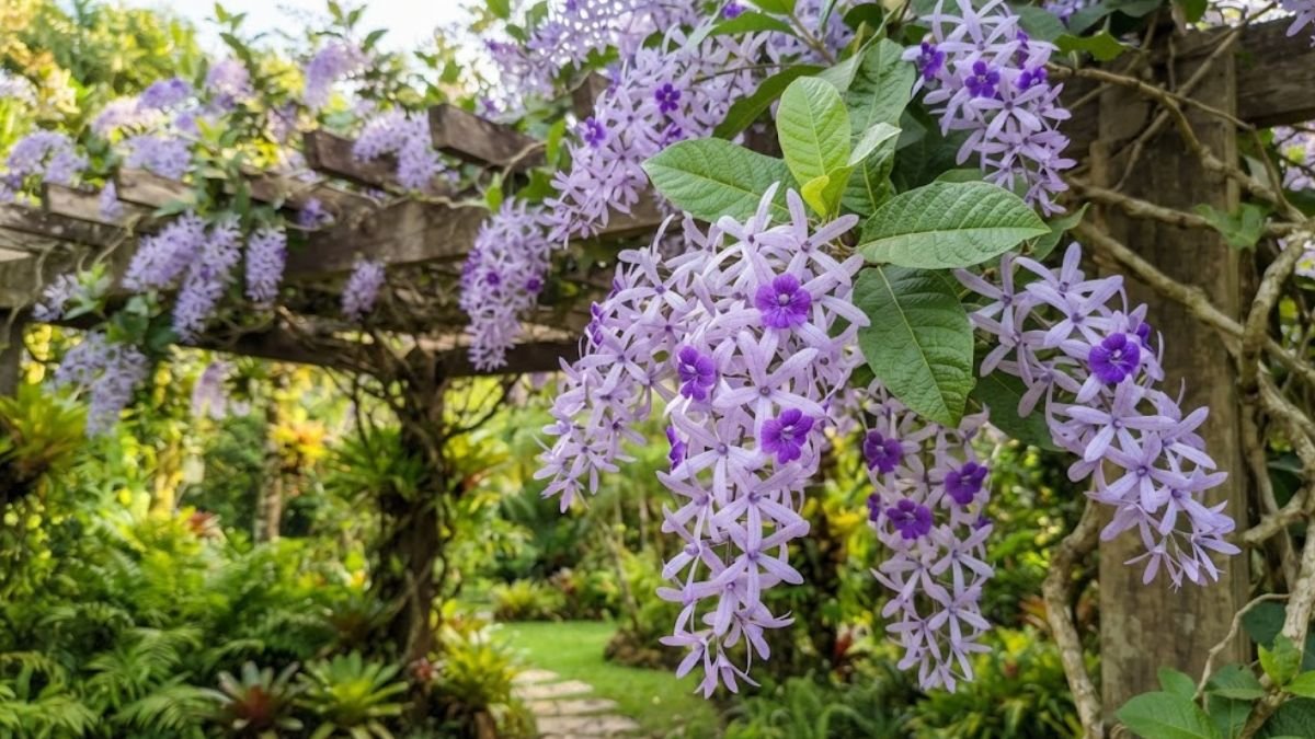 Flor-de-São-Miguel com cachos violetas abundantes cobrindo um pergolado no jardim