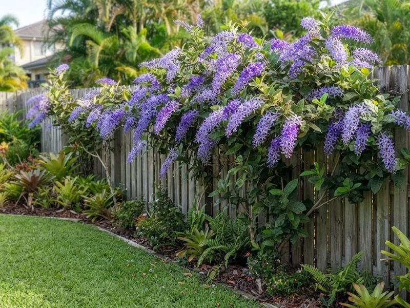 Flor-de-São-Miguel adulta cobrindo cerca de madeira com numerosos cachos violetas