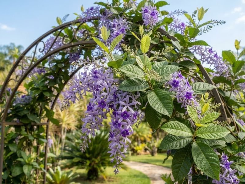 Flor-de-São-Miguel com cachos violetas e novas brotações sobre arco de jardim