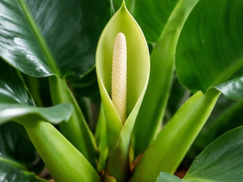 Inflorescência do pacová surgindo entre as folhas verdes da planta