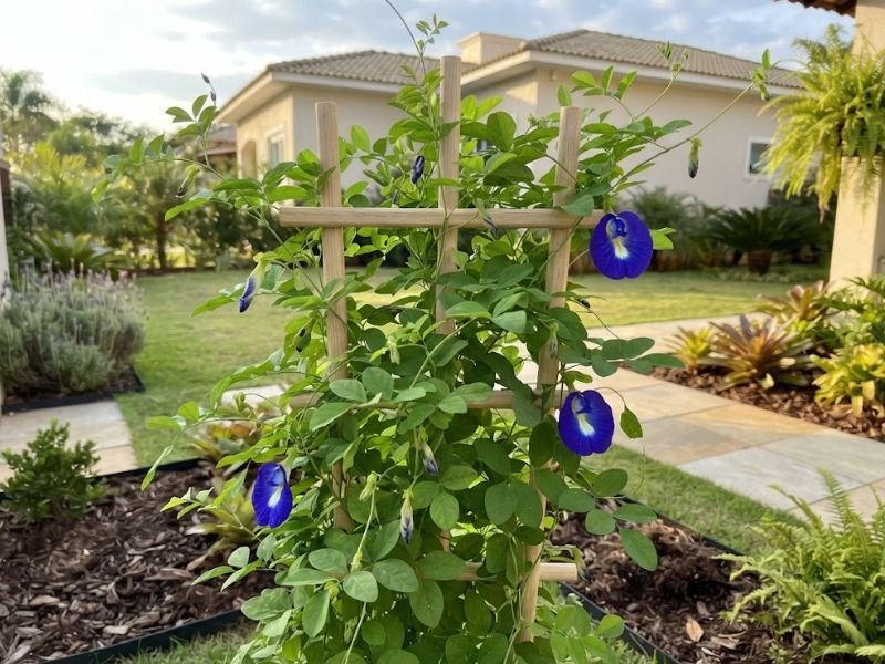 Flor fada azul jovem em treliça com alguns botões e poucas flores abertas em jardim residencial.