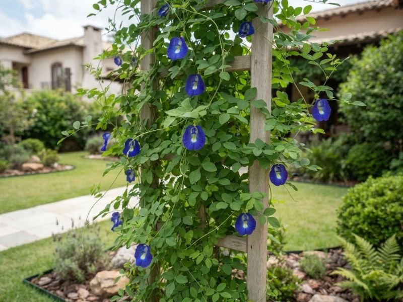 Flor fada azul crescendo em treliça de madeira, com ramos finos, folhas verdes pequenas e flores azuis distribuídas pela planta.