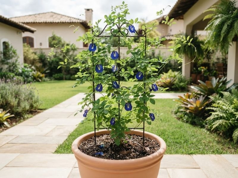 Flor fada azul cultivada em vaso grande com suporte vertical em área ensolarada do jardim.