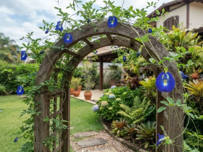 Flor fada azul ornamentando arco de madeira em jardim residencial com paisagismo organizado.