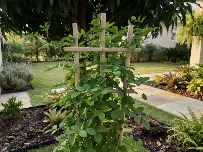 Trepadeira flor fada azul com bastante folhagem verde, mas sem flores, conduzida em treliça no jardim.