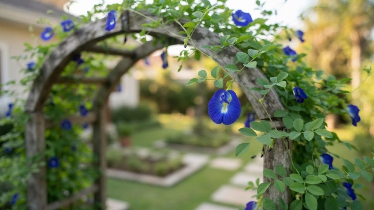 Flor fada azul crescendo em arco de madeira em jardim residencial, com flores azuis pequenas e delicadas em destaque.