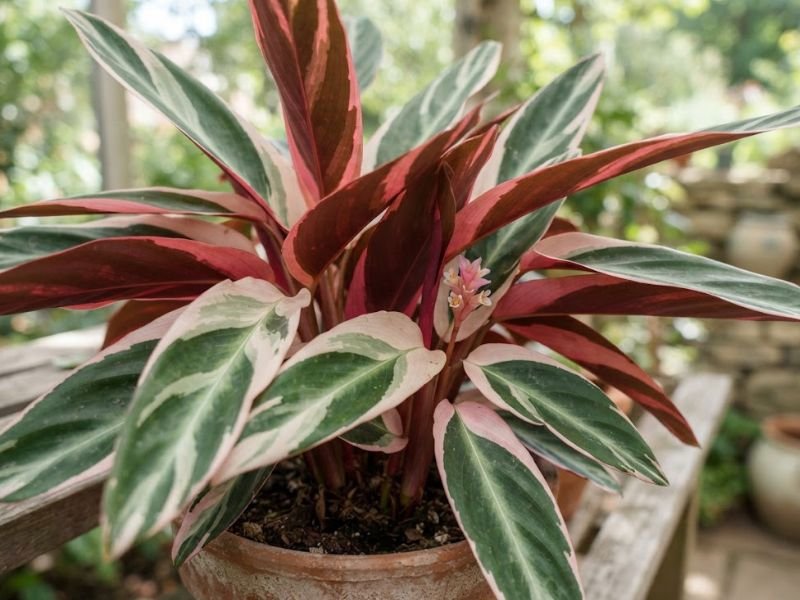 Maranta tricolor com pequena inflorescência surgindo entre as folhas variegadas