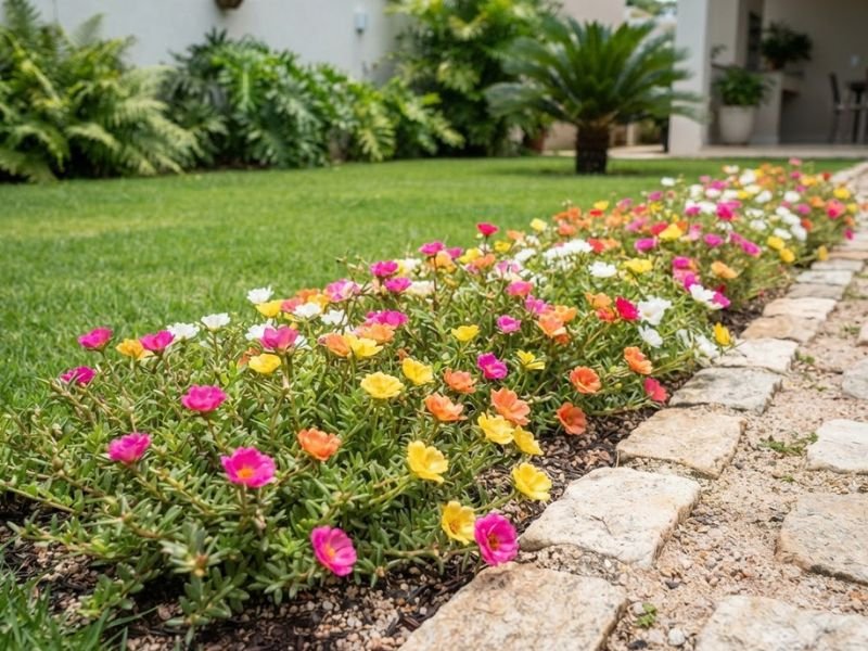 Flor onze horas colorida formando bordadura baixa em área ensolarada