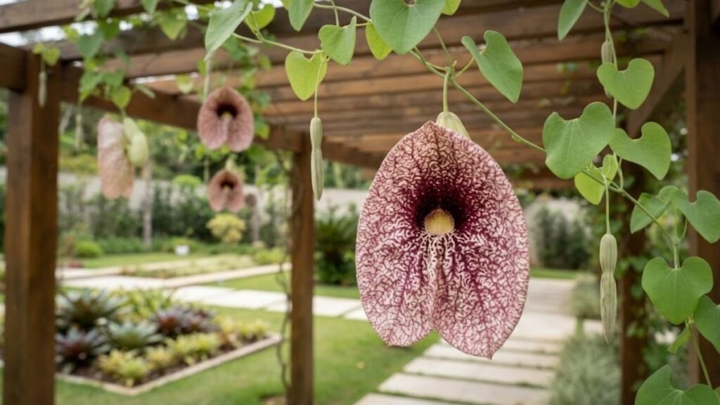 Flor papo de peru grande e pendente em destaque em pergolado de madeira, com folhas em formato de coração, botões alongados e jardim residencial bem cuidado ao fundo.