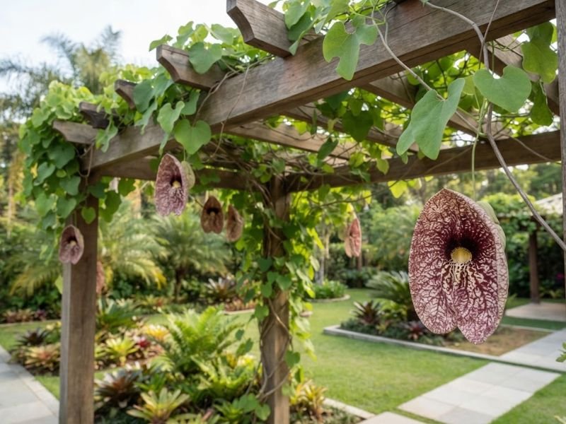Flor papo de peru ornamentando pergolado de madeira em jardim residencial, com flores pendentes e folhagem verde abundante.