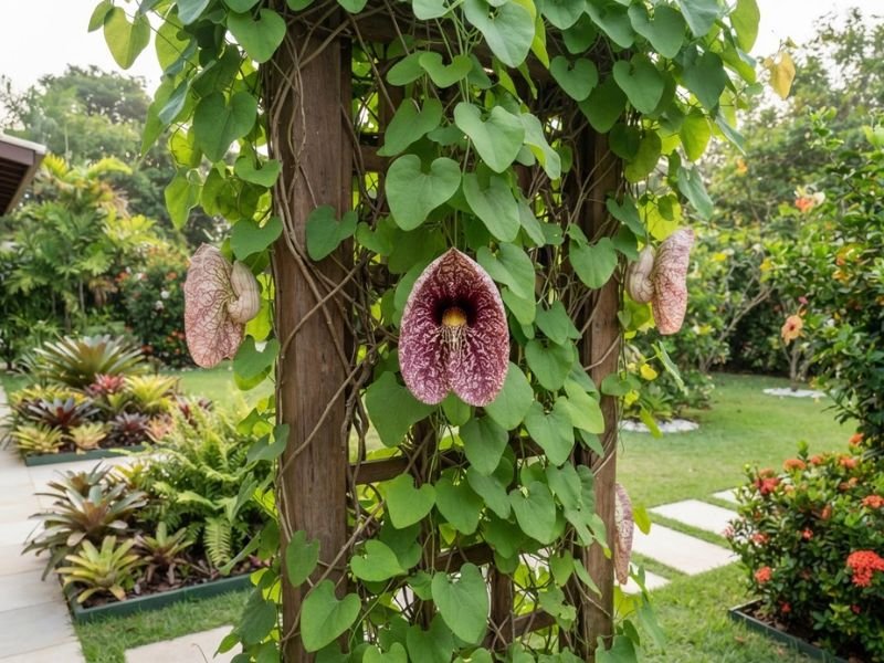Flor papo de peru crescendo em treliça de madeira, com folhas grandes em formato de coração e flores espaçadas em jardim residencial.