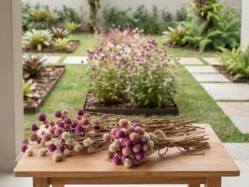 Flores perpétuas secas em tons de rosa, roxo e branco formando pequeno buquê