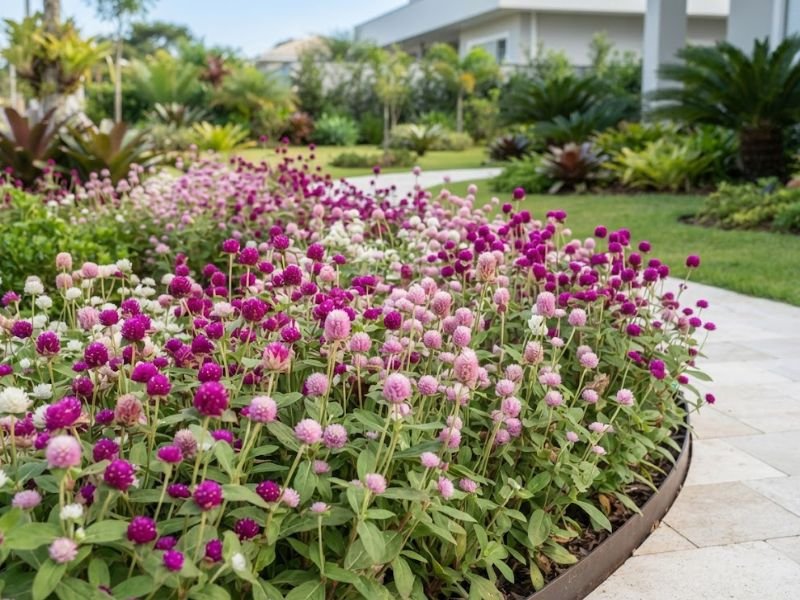 Canteiro abundante de flores perpétuas roxas, rosas e brancas em jardim residencial