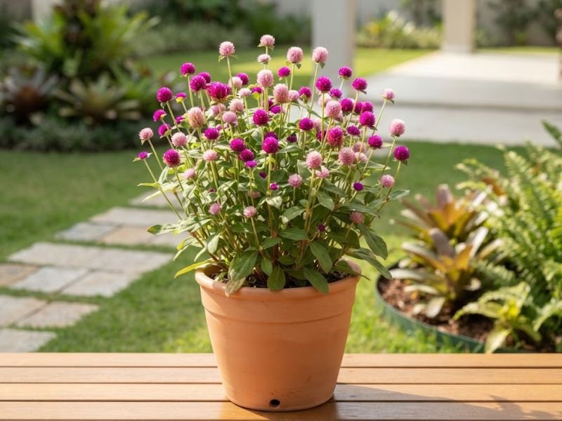 Flor perpétua roxa e rosa cultivada em vaso de terracota
