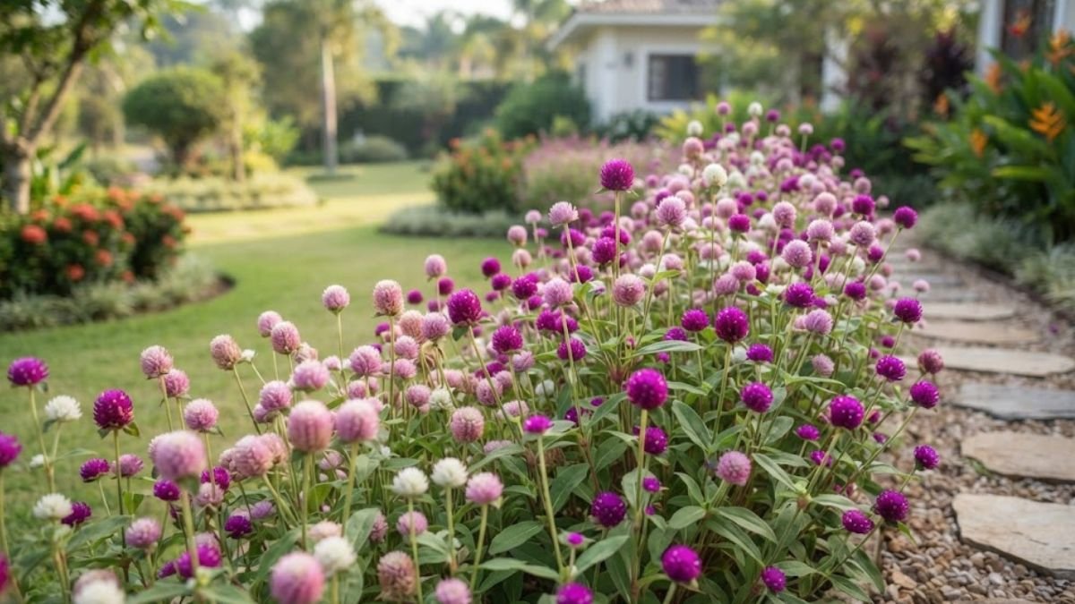Flor perpétua em canteiro com flores roxas, rosas e brancas em jardim residencial