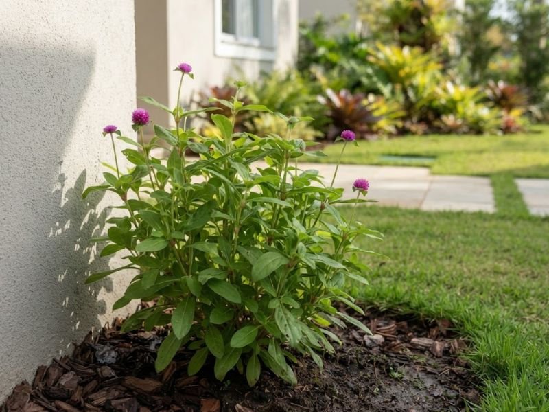 Flor perpétua com muita folhagem e poucas flores cultivada junto a parede