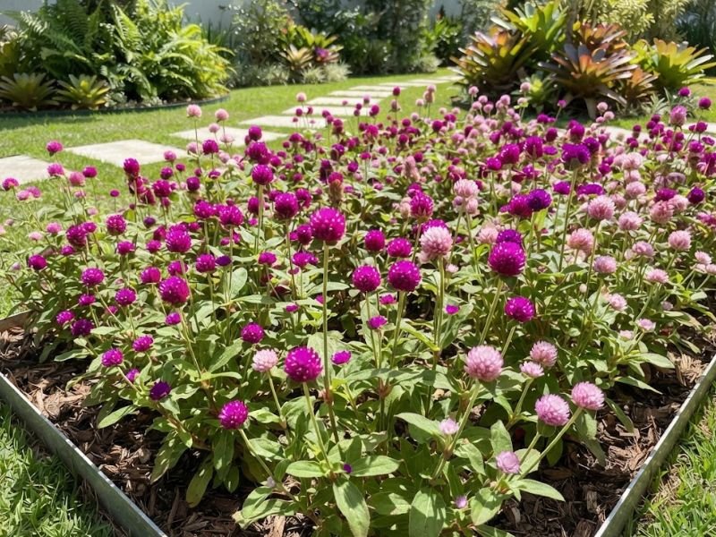 Flor perpétua florida cultivada sob sol direto em canteiro de jardim