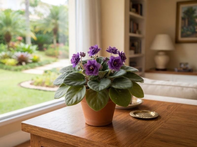 Violeta-africana dobrada com flores roxas de várias pétalas em vaso pequeno
