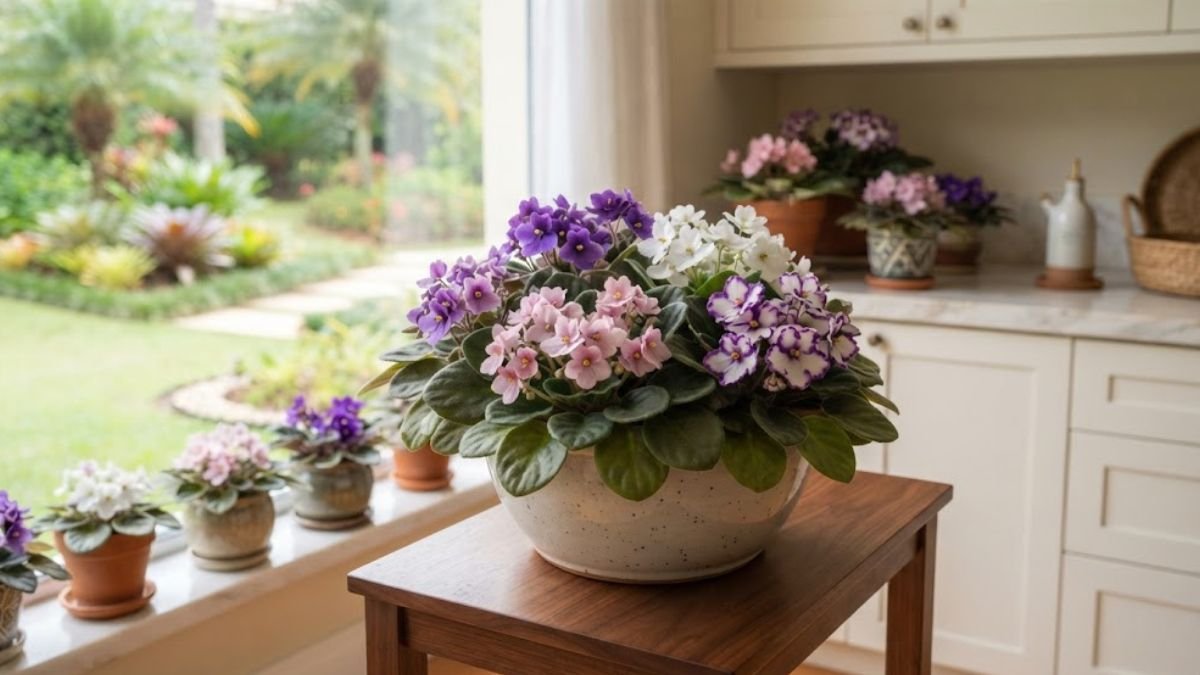 Vaso com várias violetas-africanas de cores diferentes sobre mesa de madeira em cozinha clara, com outras violetas na janela ao fundo.