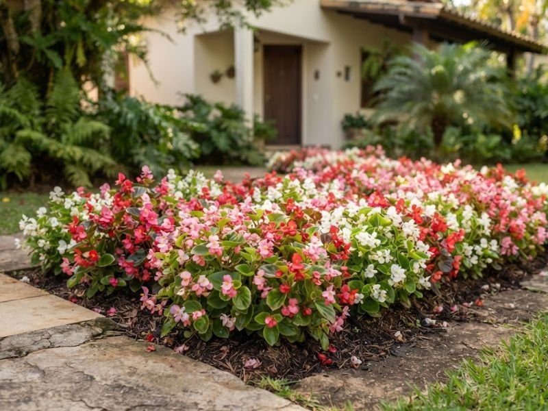 Canteiro baixo de begônias de cera coberto por flores rosas, vermelhas e brancas