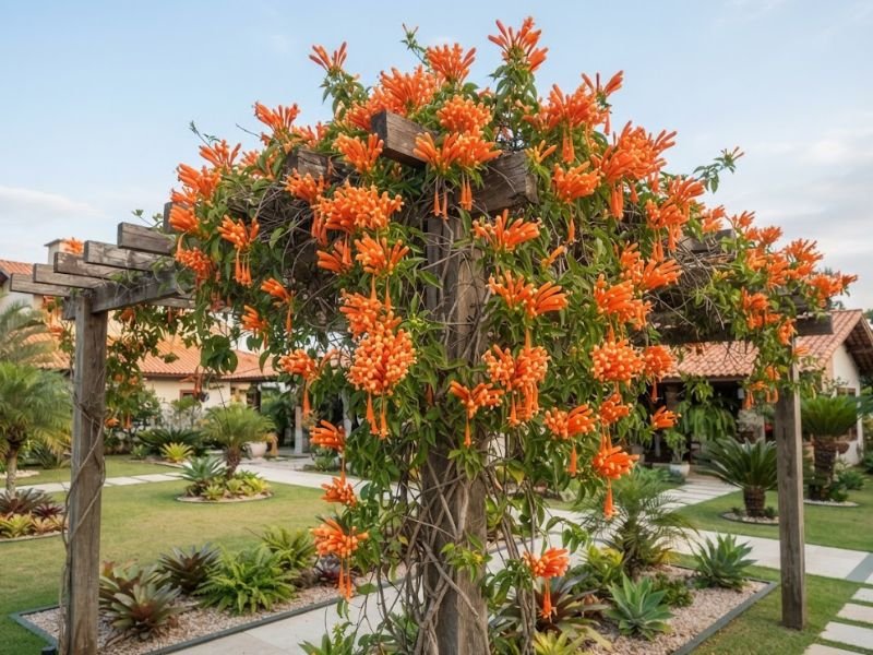 Cipó de são joão em plena floração com muitos cachos de flores tubulares laranja cobrindo parte do pergolado.