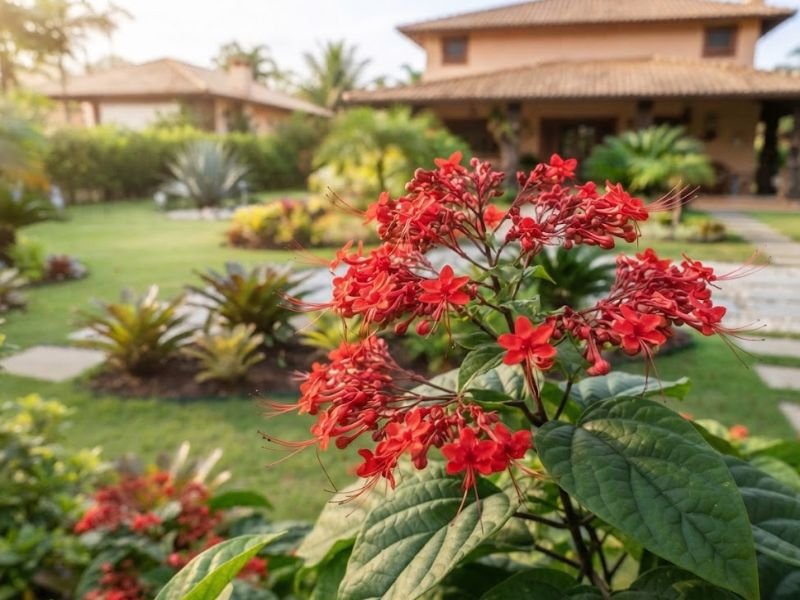 Cachos de flores vermelhas do clerodendro vermelho em close