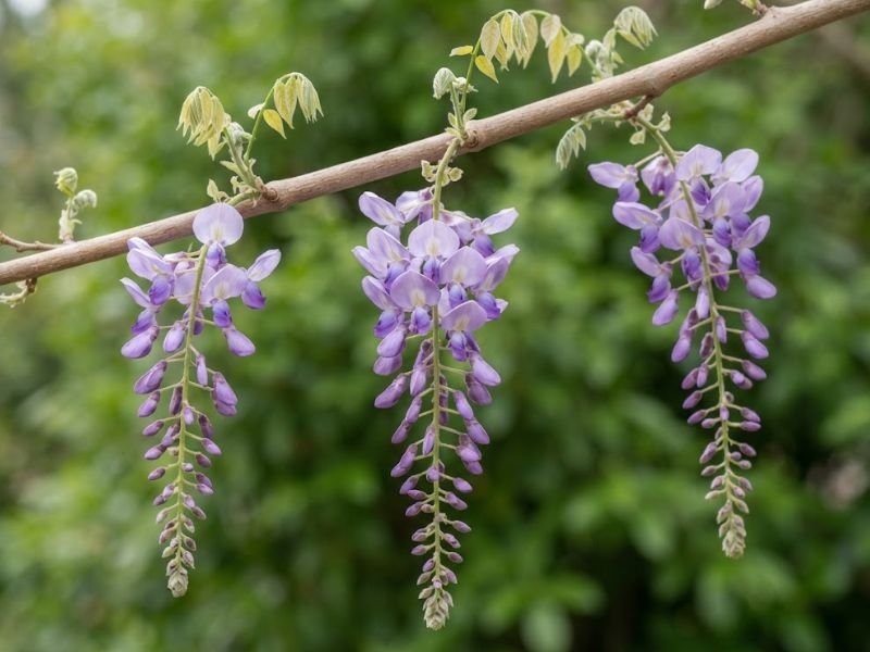 Cachos pendentes de flores lilás da glicínia trepadeira em plena floração