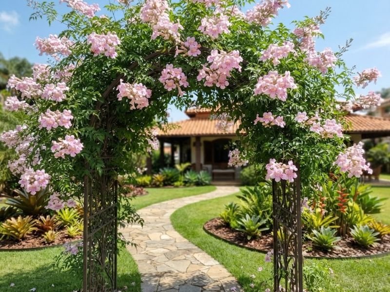 Sete léguas em plena floração com muitos cachos de flores rosadas sobre arco ornamental.