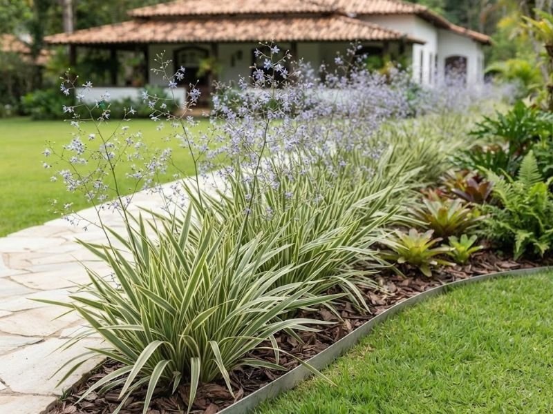 Dianela variegata com pequenas flores azul-lilás em hastes finas acima da folhagem.