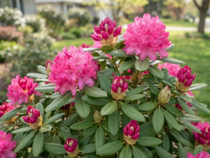 Rododendro com flores abertas e botões em diferentes estágios
